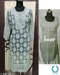 Chikankari Chifon Kurti With Inner Set - Red, L