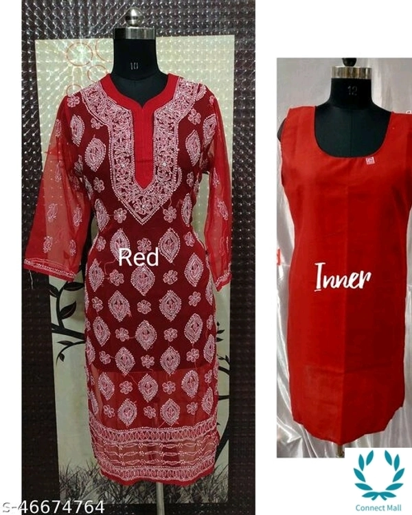 Chikankari Chifon Kurti With Inner Set - Red, L