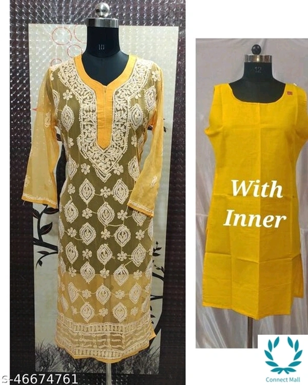 Chikankari Chifon Kurti With Inner Set - Yellow, L