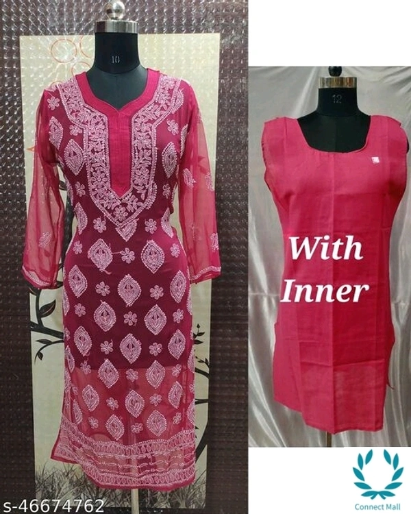 Chikankari Chifon Kurti With Inner Set - Pink, L