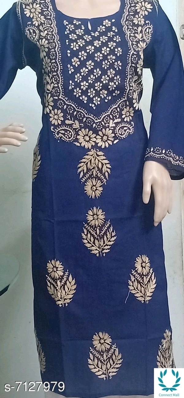 Chikankari Cotton Kurti Long Sleeves  - Blue, L