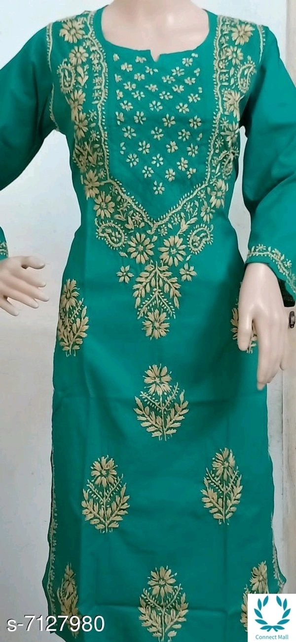 Chikankari Cotton Kurti Long Sleeves  - Green, M