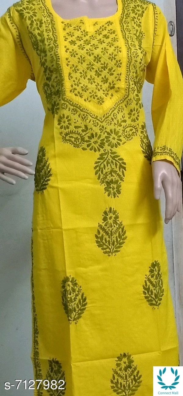 Chikankari Cotton Kurti Long Sleeves  - Yellow, M