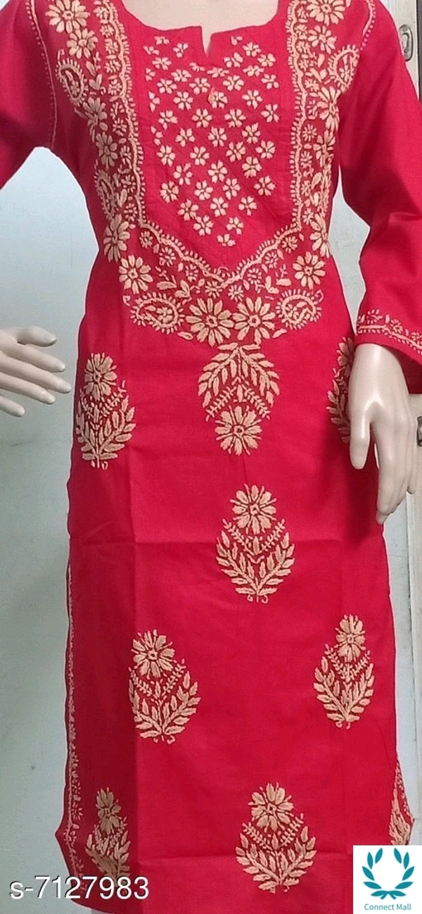 Chikankari Cotton Kurti Long Sleeves  - Red, M