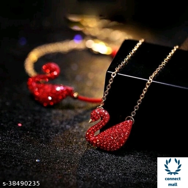Swarovski logo Swan Gold Plated Single stand Black Beads Mangalsutra  - Red