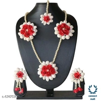 Trendy Floral Bridal Jewellery  Set with mangtika for Women - Red