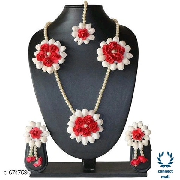 Trendy Floral Bridal Jewellery  Set with mangtika for Women - Red
