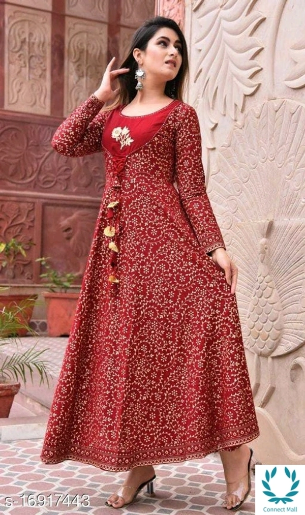 Stylish Anarkali Flora Printed  Red Color Full Sleeves Kurti - XXL, Anarkali, 3, Red, Rayon