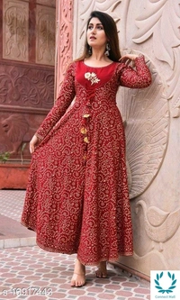 Stylish Anarkali Flora Printed  Red Color Full Sleeves Kurti - Rayon, M, Anarkali, 3, Red