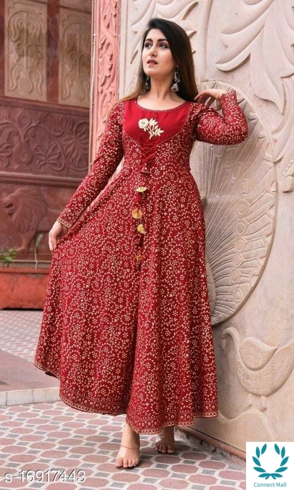 Stylish Anarkali Flora Printed  Red Color Full Sleeves Kurti - Rayon, M, Anarkali, 3, Red