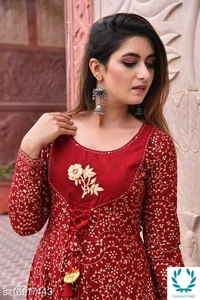 Stylish Anarkali Flora Printed  Red Color Full Sleeves Kurti - Rayon, M, Anarkali, 3, Red