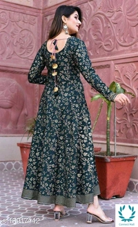 Stylish Anarkali Flora Printed  Red Color Full Sleeves Kurti - S, Anarkali, Black, Rayon