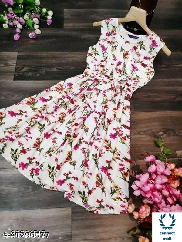 Pink and Black Floral  Printed Sleeveles Western Style  Modern Women Dress  - White & Pink, Crepe, 3, M