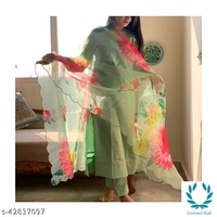  Stittched Cotton Silk Kurti Set With Flora Print Dupatta - XXL, Light Green