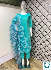  Stittched Cotton Silk Kurti Set With Flora Print Dupatta - XL, Light Blue
