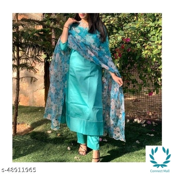  Stittched Cotton Silk Kurti Set With Flora Print Dupatta - XXL, Light Blue