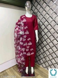  Stittched Cotton Silk Kurti Set With Flora Print Dupatta - XXL, Maroon