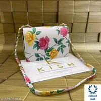 KISH White  Colourful Floral Printed 2 Compartments  Leather Sling Bag - Pink & Green, Faux Leather , 1, Rectangle Box Shape