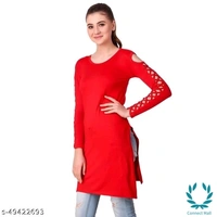 Stylish Navy   Plan  Straight Kurti For Girls - L, Red, Cotton Blend, Pack of1