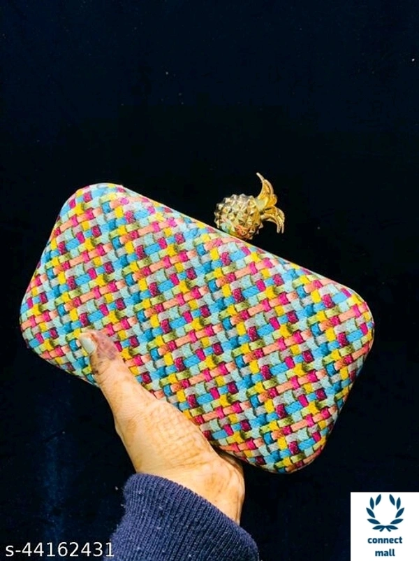 SHIVA CREATION  Fabric Printed Single Compartments Pineapple  Style Button Cluches For Women - Multicolor 