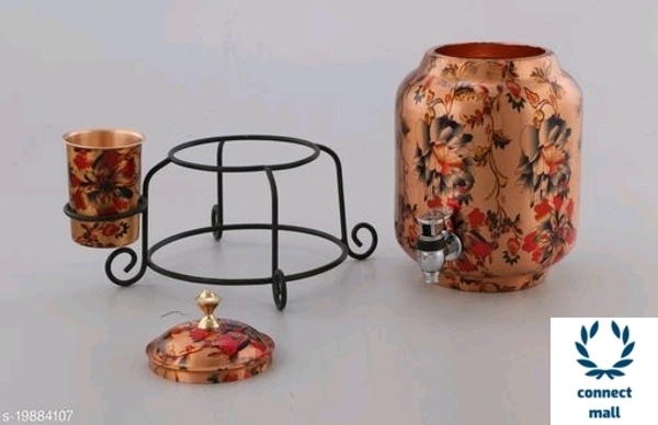 Copper Art Printed Copper water dispenser (Matka/Pot) Container Pot Water Tank 5000 ML with 1 copper glass and Stand for Home - Red Copper