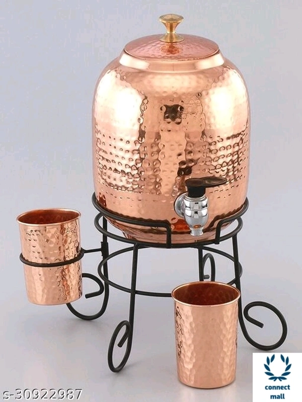 Copper Art Printed Copper water dispenser (Matka/Pot) Container Pot Water Tank 5000 ML with 1 copper glass and Stand for Home - Red Copper