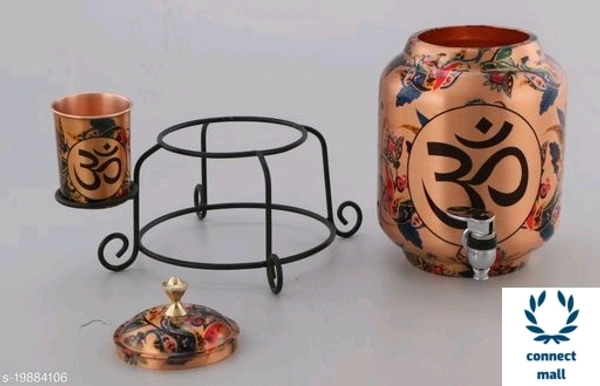 Copper Art  Printed Copper water dispenser (Matka/Pot) Container Pot Water Tank 5000 ML with 1 copper glass and Stand for Home< - Copper Printed