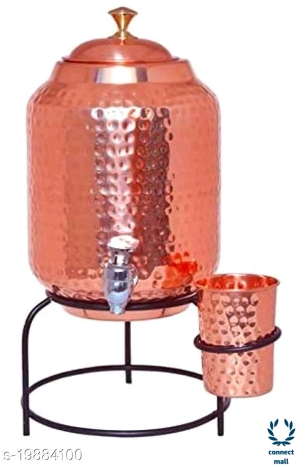 Copper Art  Printed Copper water dispenser (Matka/Pot) Container Pot Water Tank 5000 ML with 1 copper glass and Stand for Home< - Plain  Copper