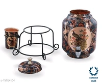 Copper Art  Printed Copper water dispenser (Matka/Pot) Container Pot Water Tank 5000 ML with 1 copper glass and Stand for Home< - Peacock Printed