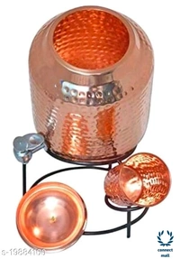 Copper Art  Printed Copper water dispenser (Matka/Pot) Container Pot Water Tank 5000 ML with 1 copper glass and Stand for Home< - Peacock Printed