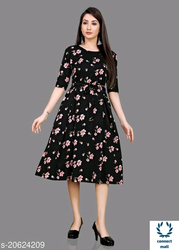 Floral Elegant Crepe Short Sleeves ,Colourblocked Fancy dress For Women - Black, S