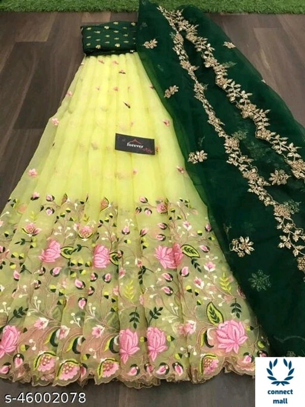 PATTARI HEAVY BANGLORY SILK WITH MULTY THRED WORK ALLOVER LAHENGHA SEMI-STICHED  - (Waist Size ×Lahenga)×43 inch, Light Yellow &Green, Silk