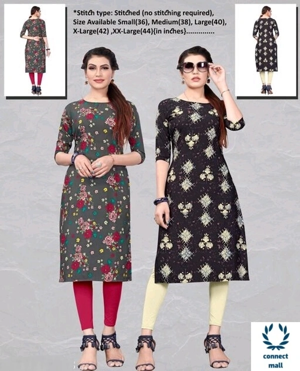 Crepe Three Quarter Sleeves Printed Straight  Aline Readymade Kurtis For Women Pack of 2 - Green & Blue, XL, S