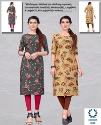 Crepe Three Quarter Sleeves Printed Straight  Aline Readymade Kurtis For Women Pack of 2 - Green & Blue, XXl, S