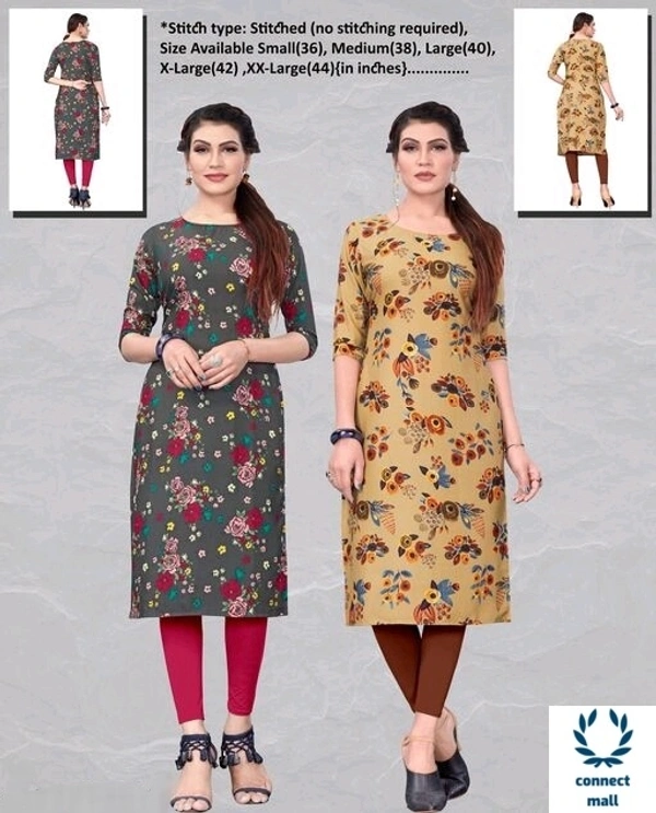 Crepe Three Quarter Sleeves Printed Straight  Aline Readymade Kurtis For Women Pack of 2 - Green & Blue, XXl, S