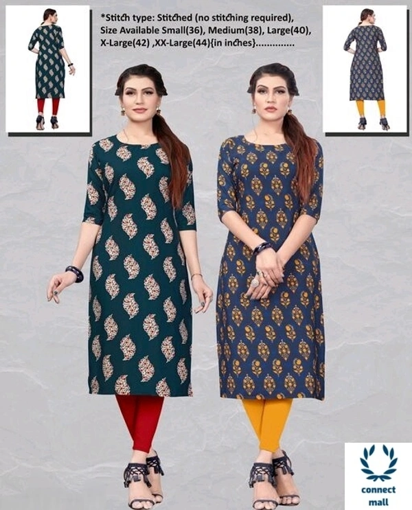 Crepe Three Quarter Sleeves Printed Straight  Aline Readymade Kurtis For Women Pack of 2 - Green & Blue, S