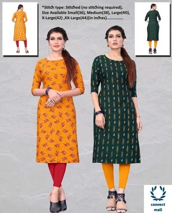 Crepe Three Quarter Sleeves Printed Straight  Aline Readymade Kurtis For Women Pack of 2 - Orange & Green, XXL, S