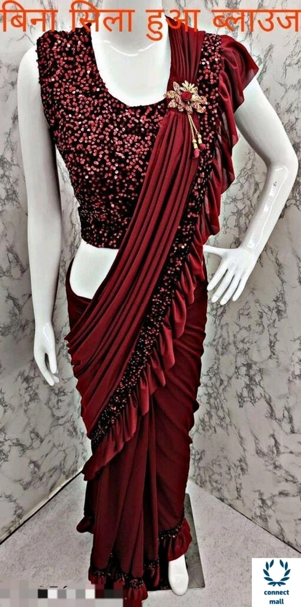 MYRA VOGUISH  Lycra  Saree with Velvet Embroidery  Blouse Piece  - Marroon