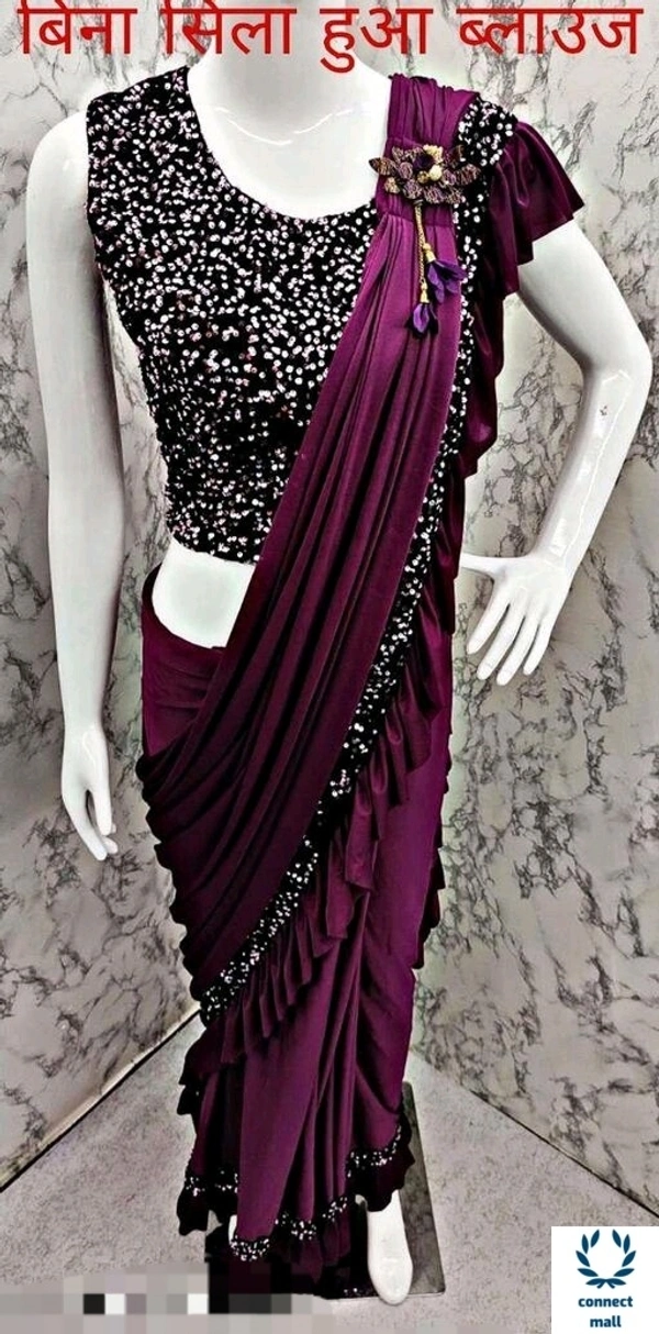 MYRA VOGUISH  Lycra  Saree with Velvet Embroidery  Blouse Piece  - Rani Pink