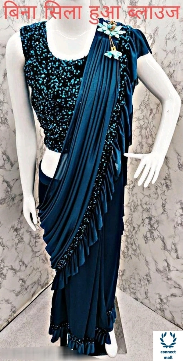 MYRA VOGUISH  Lycra  Saree with Velvet Embroidery  Blouse Piece  - Blue