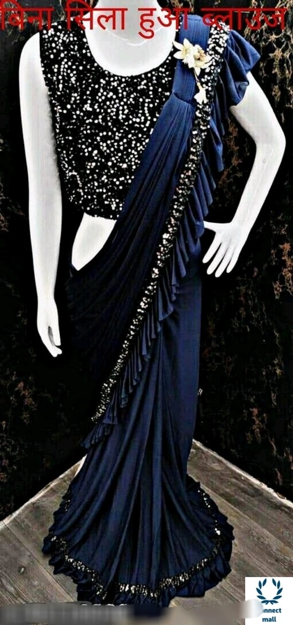 MYRA VOGUISH  Lycra  Saree with Velvet Embroidery  Blouse Piece  - Dark Blue 