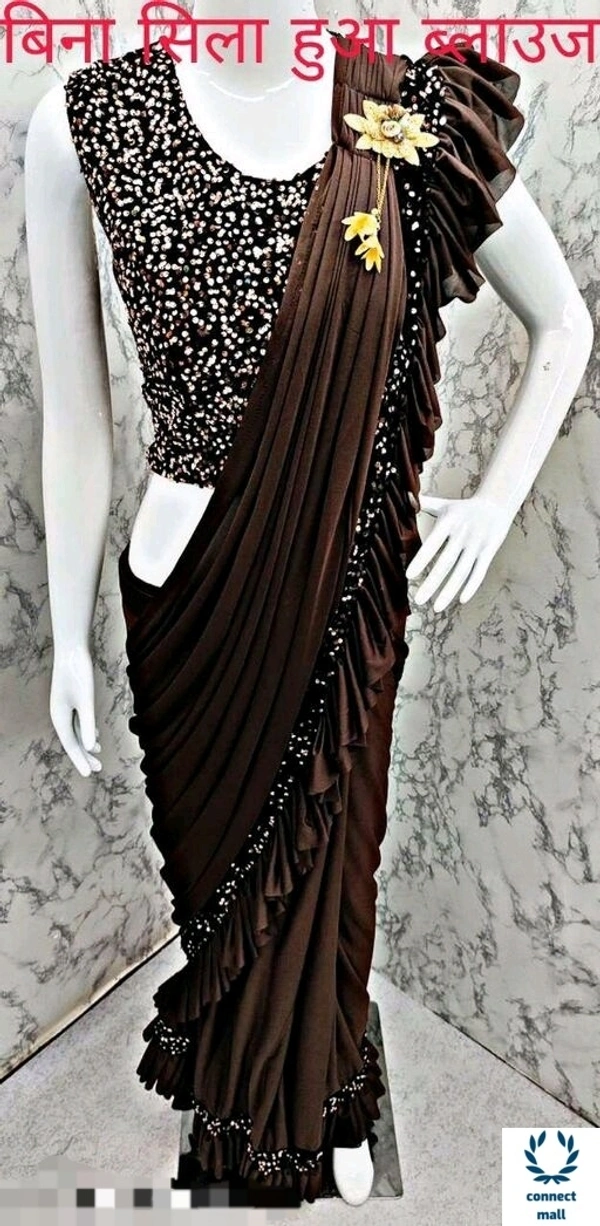 MYRA VOGUISH  Lycra  Saree with Velvet Embroidery  Blouse Piece  - Brown