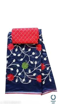TRIPZIRA Chanderi    Cotton Embrodiery Full Length 6m Long  Saree with Satin silk Blouse Material  - Blue, Chanderi Cotton Silk 