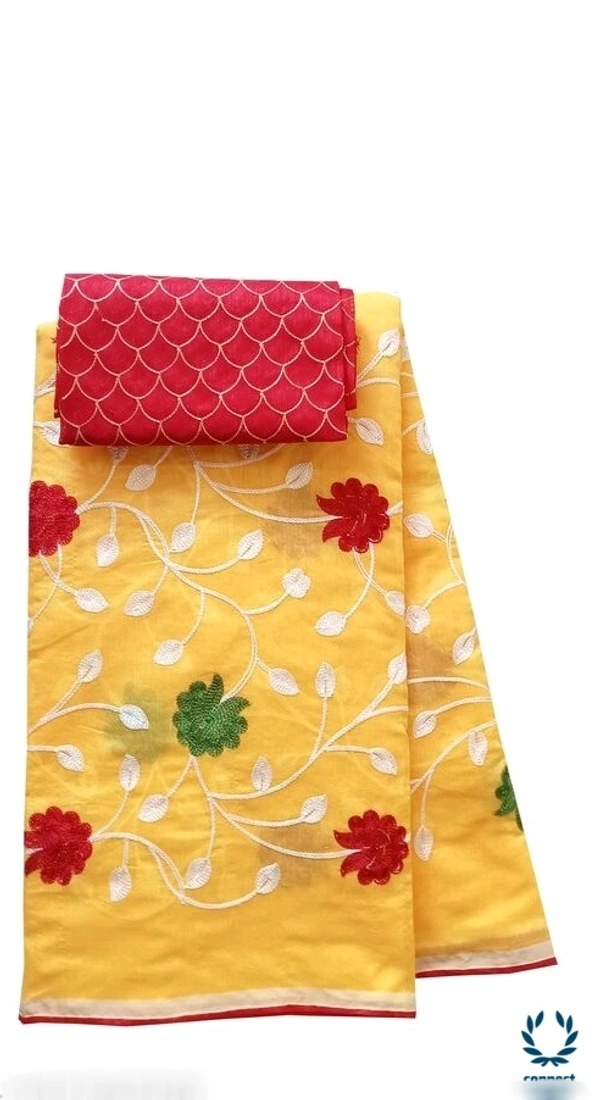 TRIPZIRA Chanderi    Cotton Embrodiery Full Length 6m Long  Saree with Satin silk Blouse Material  - Chanderi Cotton Silk , Light Yellow 