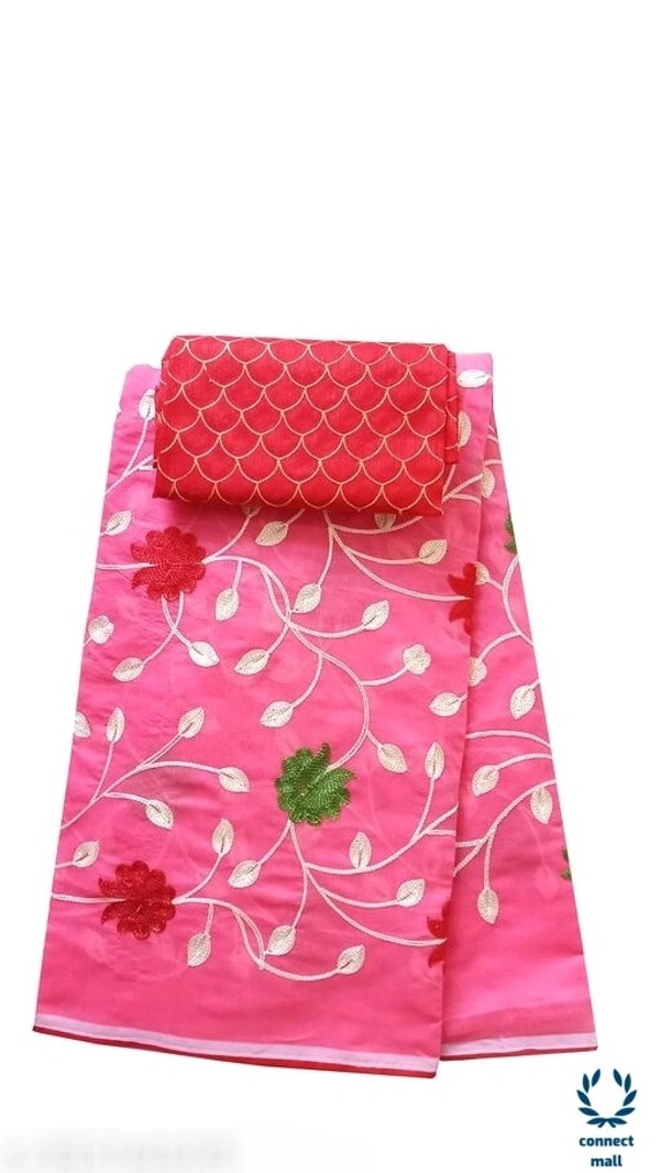 TRIPZIRA Chanderi    Cotton Embrodiery Full Length 6m Long  Saree with Satin silk Blouse Material  - Pink, Chanderi Cotton Silk