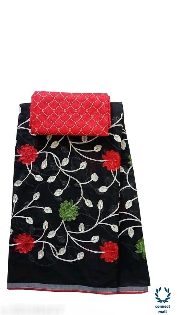 TRIPZIRA Chanderi    Cotton Embrodiery Full Length 6m Long  Saree with Satin silk Blouse Material  - Chanderi Cotton  Silk, Creme