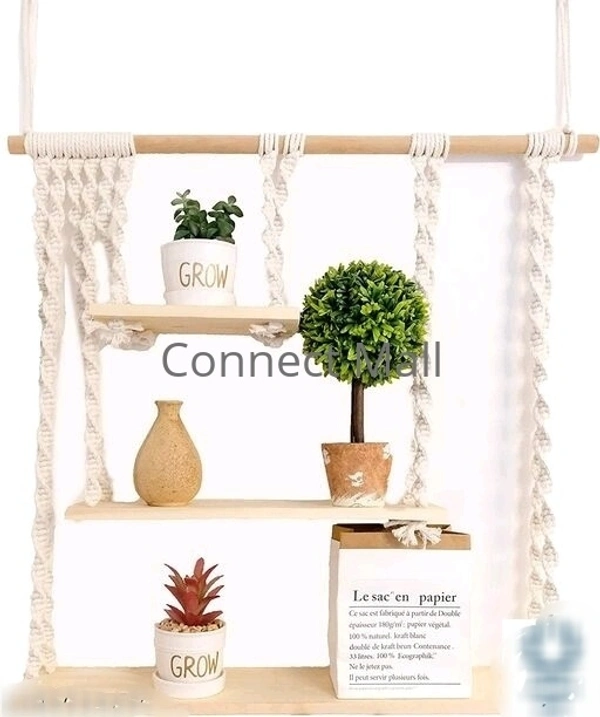 Top Knott Macrame thread Cotton Wall Hanging With 3 Triple Plant Wooden  Wall decor Self  Hanger For  Living Room / Garden/Balcony/Office off White Colour 