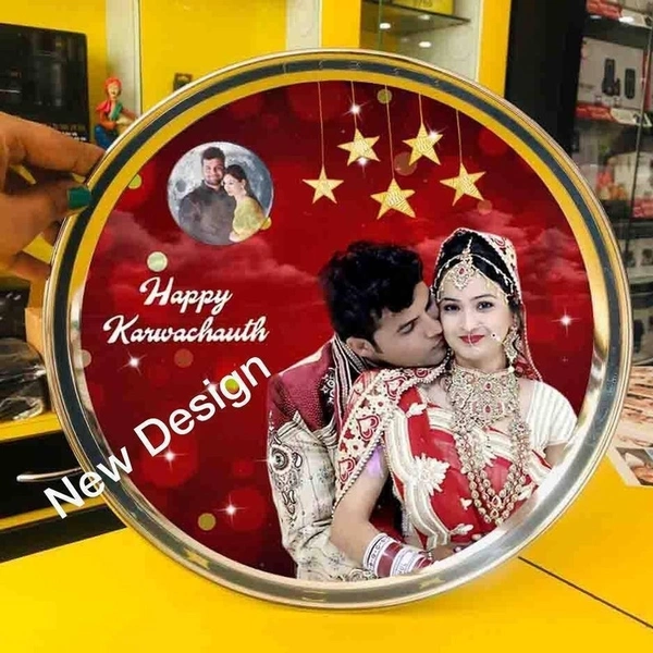Personalized Karwachauth Beautiful  Couple Printed Karwa chauth Thali Set with Channi Lotta and Glass - Red, Steel