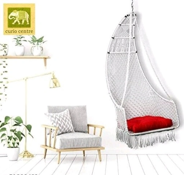 Curio Centre Make in India Leisure Half Moon Shape Nylon Swing with Cushion/Hammock Swing Chair-Iron Frame, Swing for Indoor/Outdoor/Nylon Rope Swing/Free Hanging Accessories(36 x 27 x 53 In, OFF WHITE) - Black, Nylon