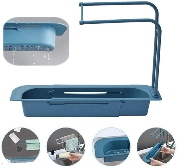 Telescopic Adjustable  Faucet Rack  Dish Brushers Spoonge  Storage Shelves Sink Drain  - Gray, Plastic